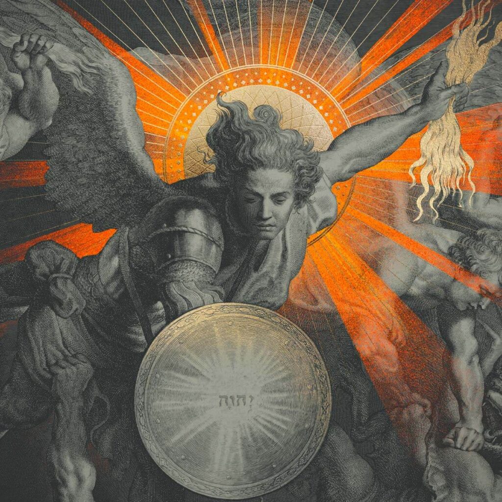 Illustration of St. Michael the Archangel holding a shield bearing the divine name, radiating light, with fallen figures below.