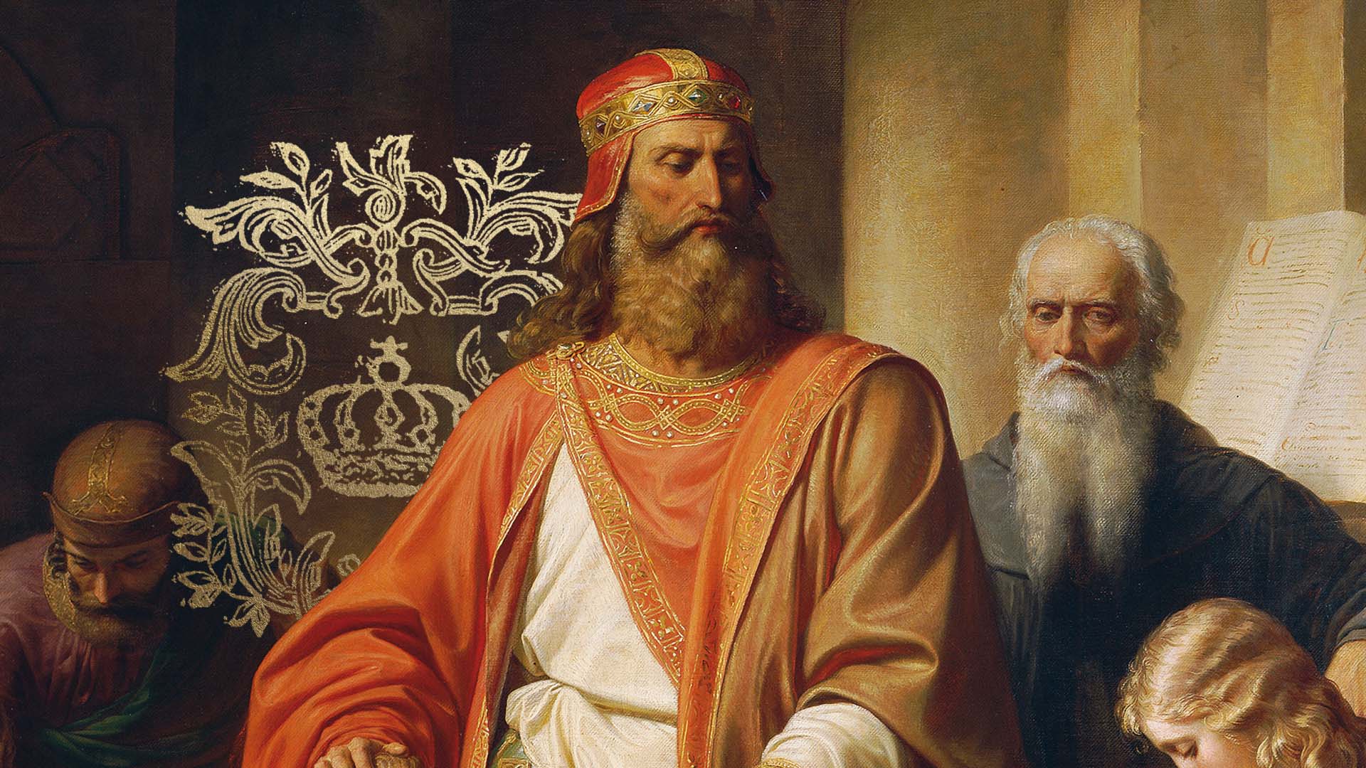 A classical painting of a crowned king in royal red and gold robes, surrounded by advisors and scribes, evoking the biblical kings of Israel.