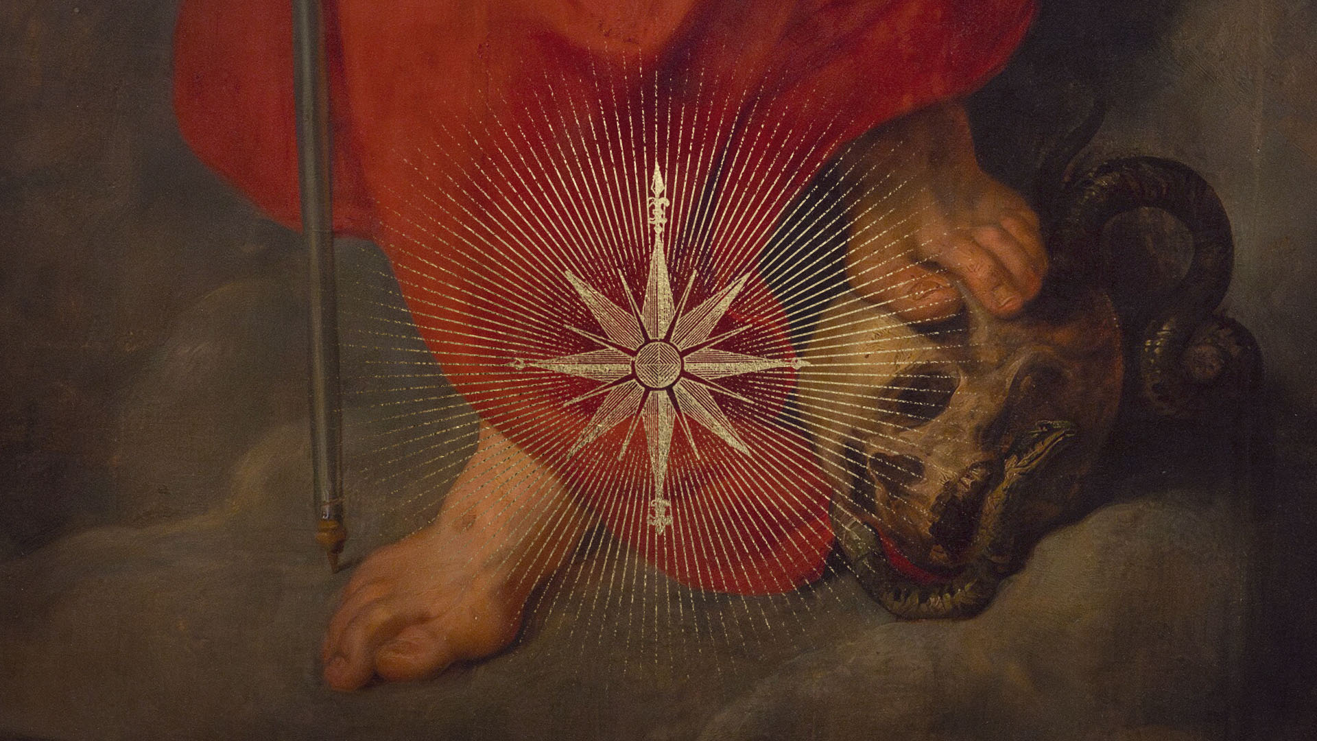 A classical painting detail showing a robed figure crushing a serpent underfoot, overlaid with a radiant gold star symbol, evoking Christ's victory over evil.