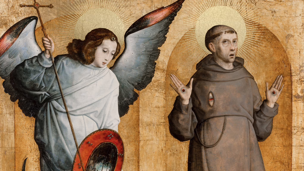 Medieval painting of St. Michael the Archangel holding a cross and shield beside St. Francis of Assisi displaying the stigmata, both haloed against a gold background.