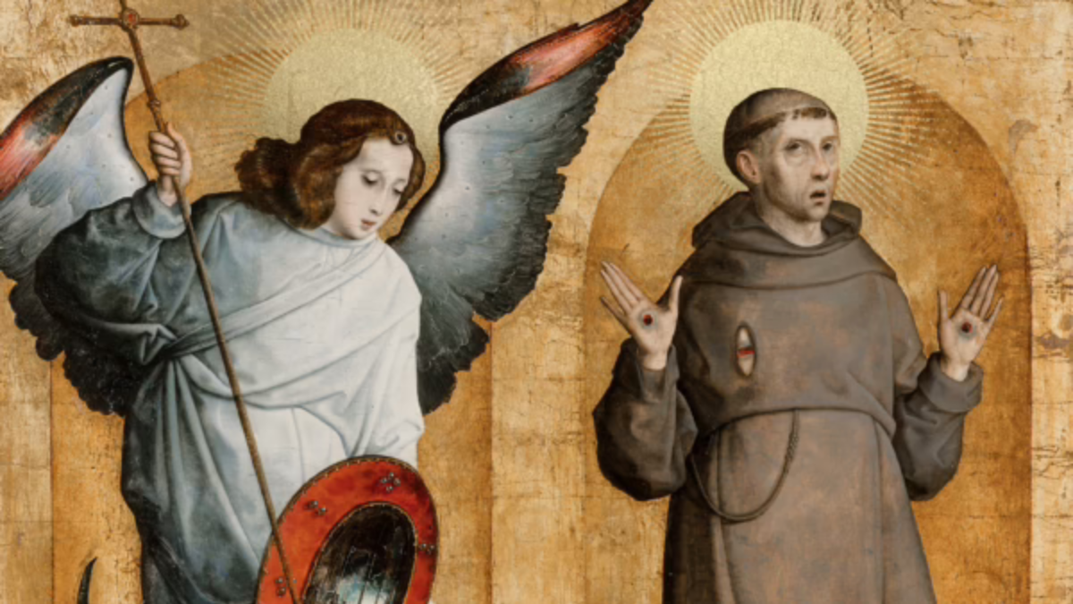 Medieval painting of St. Michael the Archangel holding a cross and shield beside St. Francis of Assisi displaying the stigmata, both haloed against a gold background.