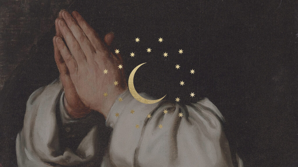 Praying hands in classical painting style with a golden crescent moon and stars overlaid, evoking a night vigil.