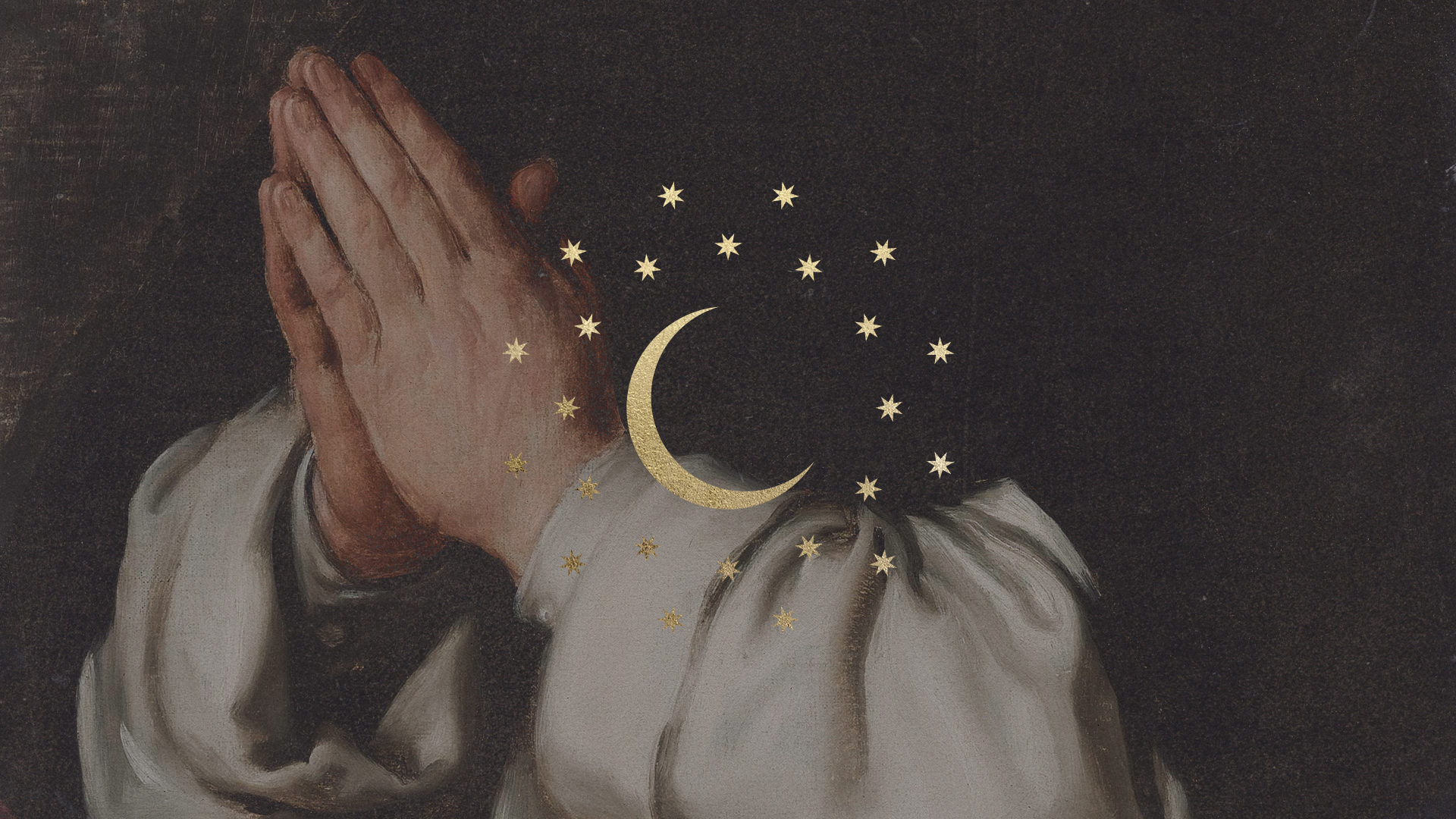 Praying hands in classical painting style with a golden crescent moon and stars overlaid, evoking a night vigil.