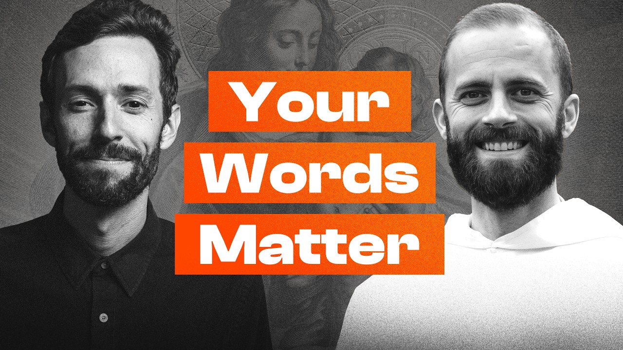 Black and white thumbnail reading 'Your Words Matter' featuring Jamie Baxter and Fr. Gregory Pine, O.P., with the Month of the Rosary logo, promoting a conversation on the Rosary Challenge.